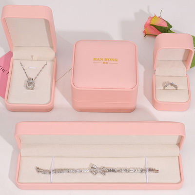 جعبه جواهرات لوگوی قابل تنظیم با کیفیت بالا، دست ساز، چرم صورتی، بسته بندی